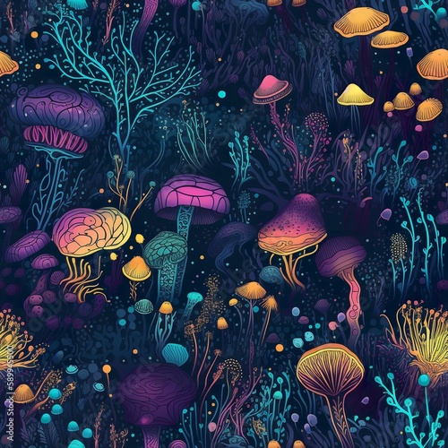 Mystic Mycelium a fungal landscape in iridescent colors reminiscent of underwater worlds seamless pattern teal and purple yellow and orange © Ep1cfAIl
