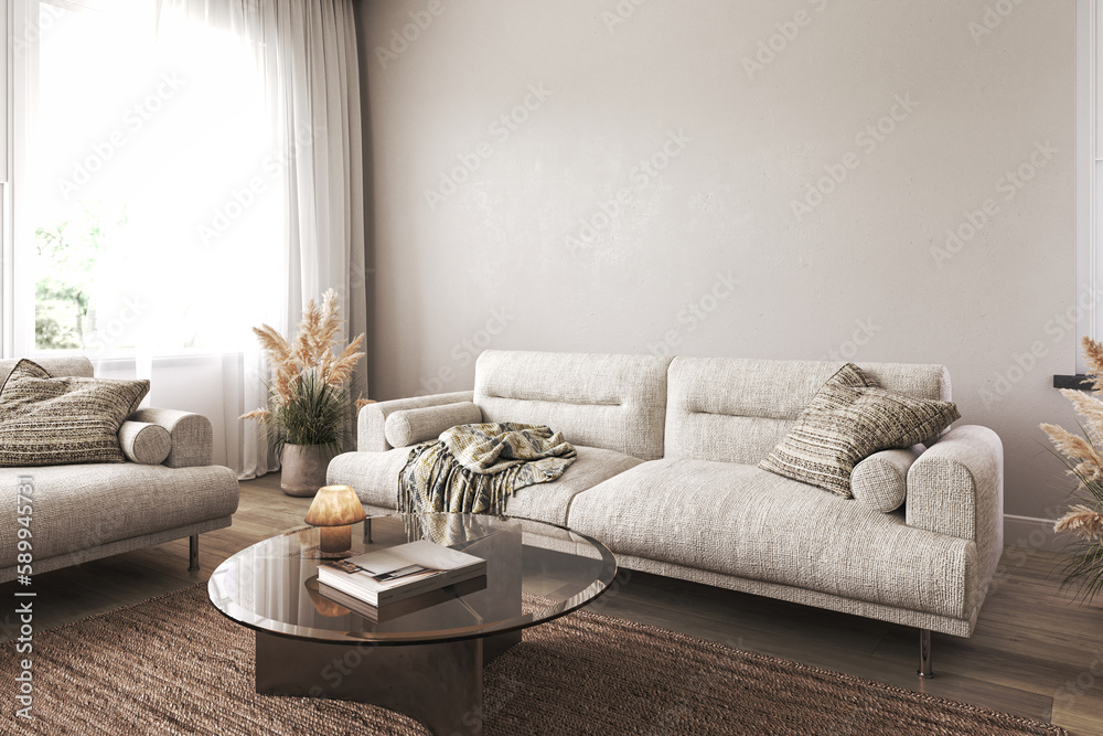 Fototapeta premium Modern coastal minimalist interior. Design livingroom with sofa, armchair, dark coffee table and large window. Mockup empty wall and wooden furniture. 3d rendering. High quality 3d illustration.