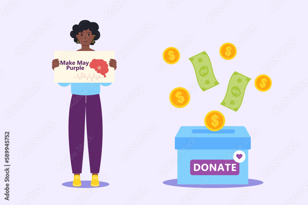 African-American woman holding a Make May Purple poster in flat style. Raising funds to support research and treatment of brain stroke. Box with a donation. African-American woman holding a Make May Purple poster in flat style. Raising funds to support research and treatment of brain stroke. Box with a donation.