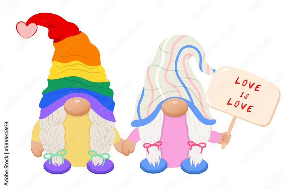 Obraz premium Cute lesbian couple gnomes with poster. Pride month gnome. Lgbt gnome. Gnome girls.