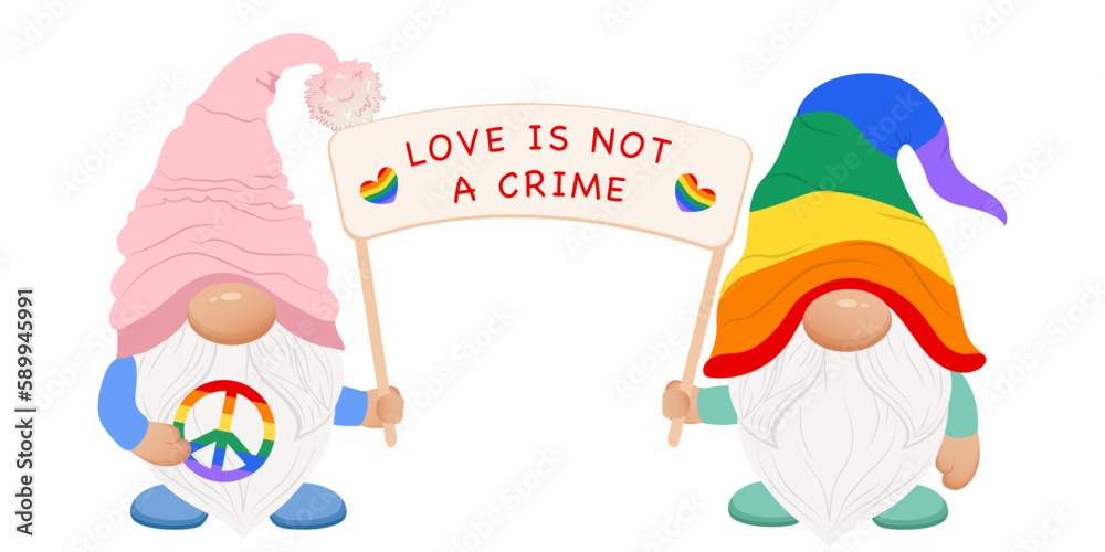 Naklejka premium Cute &nbsp;gay couple gnomes with poster. Pride month gnome. Lgbt gnome. Love is not a crime. 