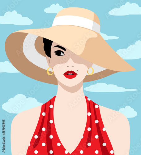 1370_Beatiful woman wearing large sun hat and red dress