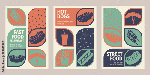 Social media marketing posters for junky fast food or hot dog's promotions. Includes logo, business icon, and abstract digital background. Ideal for online sales or restaurant promotion. vector layout