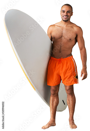 Surfer holding a surfboard isolated in white background
