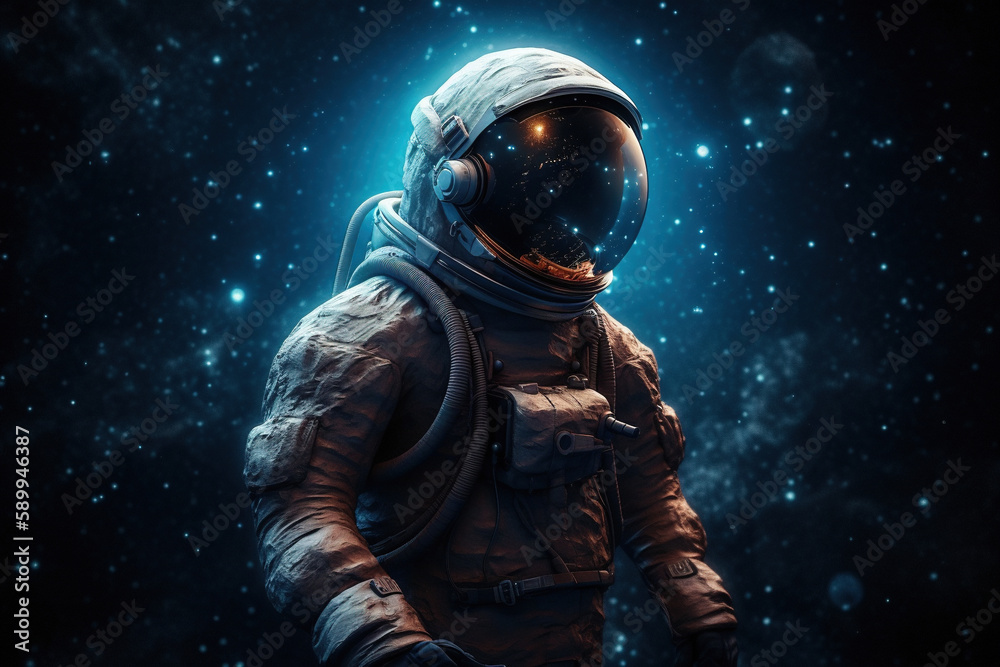 AI generated image of an astronaut floating in space with dust and stars