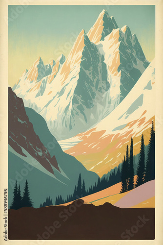 Vintage alps poster template, retro mountain illustration for design. Generative AI