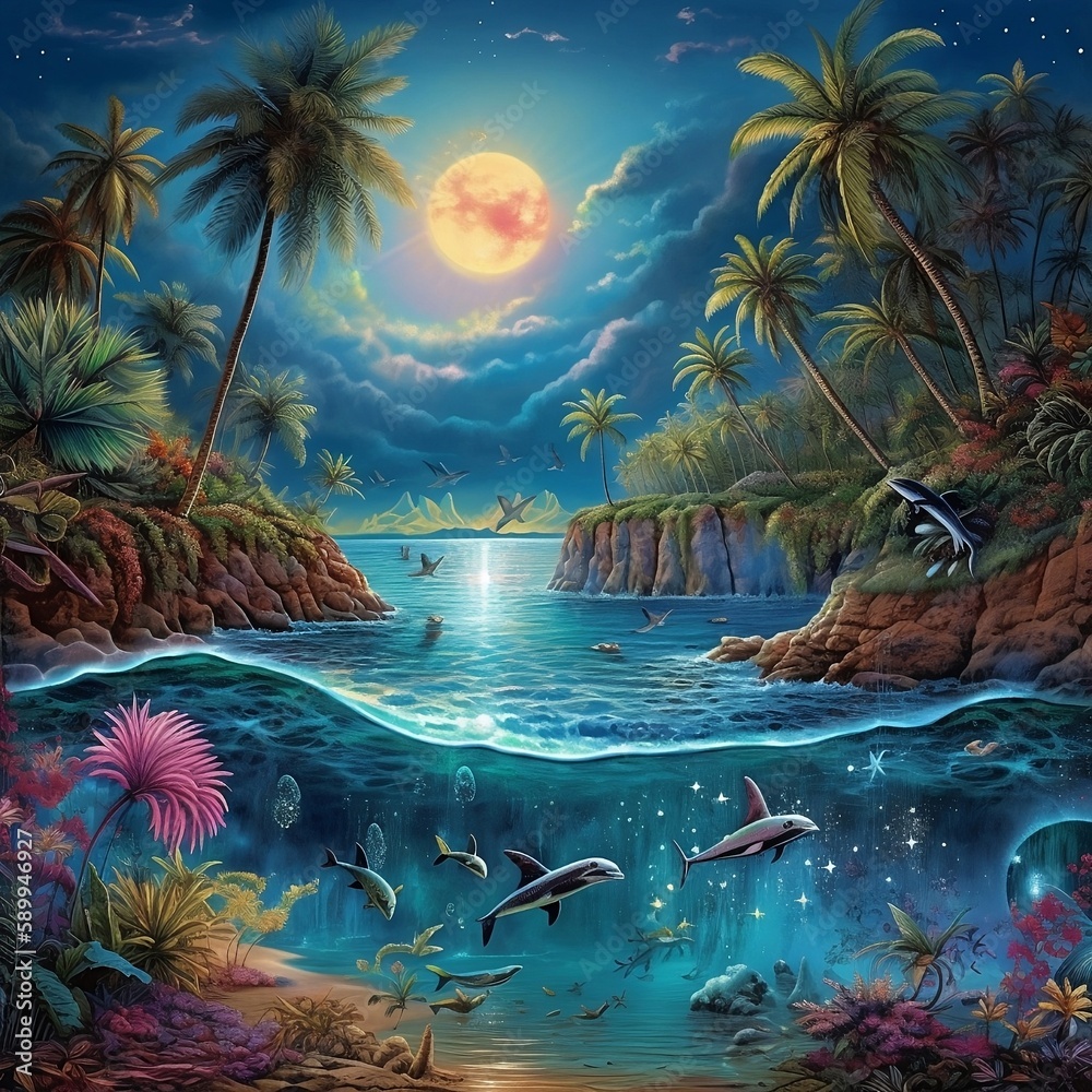 Fototapeta premium tropical island with palm trees. Generative AI.