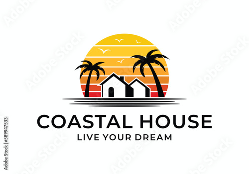 Beach house coastal sunset logo illustration design