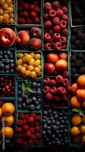 Vast array of fruits in open square container. Generative AI.