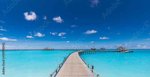 Amazing tranquil travel Maldives island, luxury over water villas pier resort. Beautiful sunny sky sea bay lagoon beach background. Summer vacation holiday. Paradise shore exotic pristine landscape