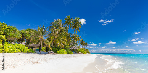 Paradise island beach. Tropical landscape of summer scenery, sea sand sky palm trees. Luxury travel vacation destination. Exotic beach landscape. Amazing nature, relax, freedom nature concept Maldives