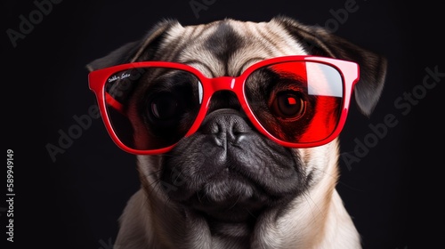 Cute pug dog wearing red glasses for Canada Day, Generative ai