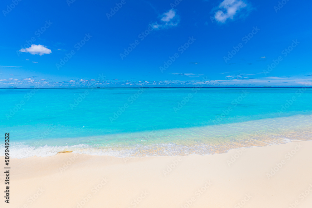 Sunny beach landscape. Relaxing beachfront sand sea waves blue sky horizon. Tranquil freedom Mediterranean tropical nature background. Peaceful happy seascape horizon. Summer travel closeup sunlight Sunny beach landscape. Relaxing beachfront sand sea waves blue sky horizon. Tranquil freedom Mediterranean tropical nature background. Peaceful happy seascape horizon. Summer travel closeup sunlight