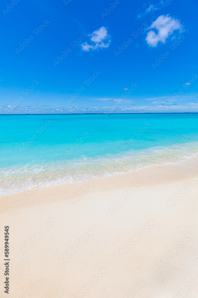 Sunny beach landscape. Relaxing beachfront sand sea waves blue sky horizon. Tranquil freedom Mediterranean tropical nature background. Peaceful happy seascape horizon. Summer travel closeup sunlight Sunny beach landscape. Relaxing beachfront sand sea waves blue sky horizon. Tranquil freedom Mediterranean tropical nature background. Peaceful happy seascape horizon. Summer travel closeup sunlight