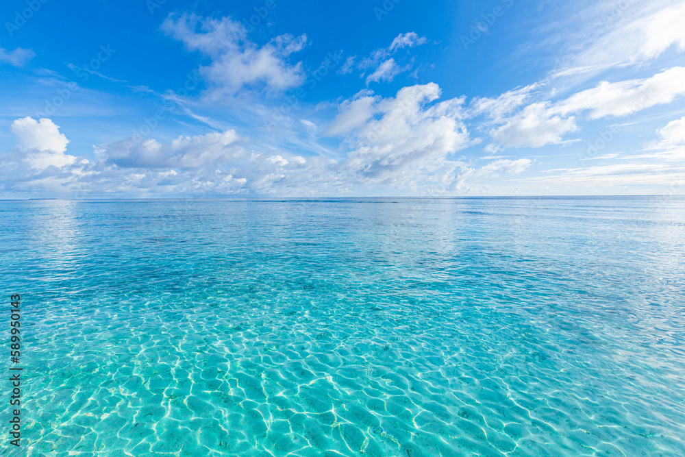 Crystal clear sea water bay. Pristine ocean lagoon sunny cloudy sky, idyllic relaxing seascape. Transparent surface, exotic travel. tropics Mediterranean nature panorama. Summer background, beach view - obrazy, fototapety, plakaty 