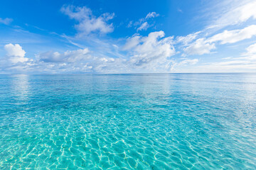 Crystal clear sea water bay. Pristine ocean lagoon sunny cloudy sky, idyllic relaxing seascape. Transparent surface, exotic travel. tropics Mediterranean nature panorama. Summer background, beach view