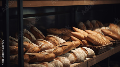 Delicious loaves of bread in a baker shop. Different types of bread loaves on bakery shelves. generative ai