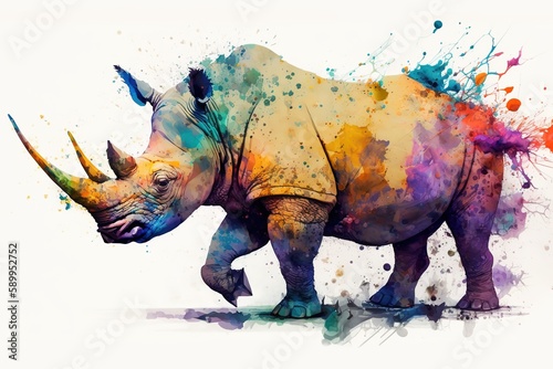 Watercolor of a Rhinoceros in aquarelle style with paint splatters background. Wild Animals paint splatters white background  Generative AI