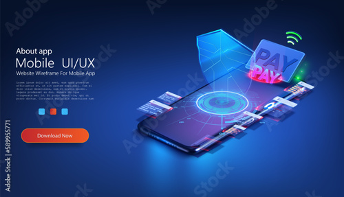 Online banking, login, protection, The concept of a smart wallet with an application for payment by credit and debit cards. Gadget of future, smartphone payment technology. Online payment, security