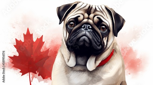 Cute pug dog wearing red glasses for Canada Day, Generative ai © Deep Ai Generation