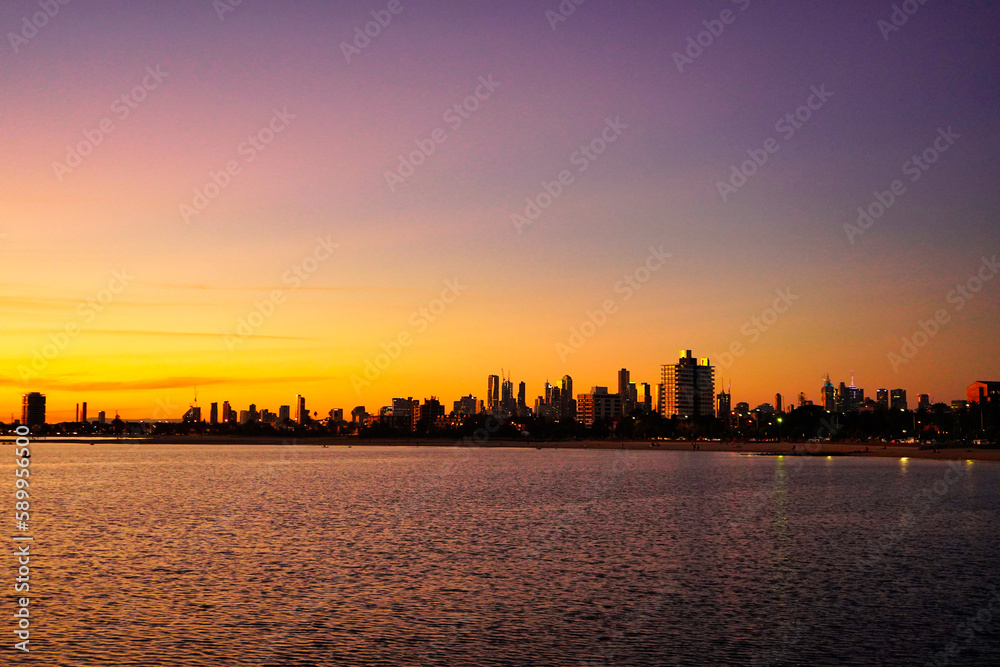Sunset over the city - skyline of Melbourne