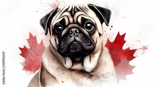 Cute pug dog wearing red glasses for Canada Day, Generative ai