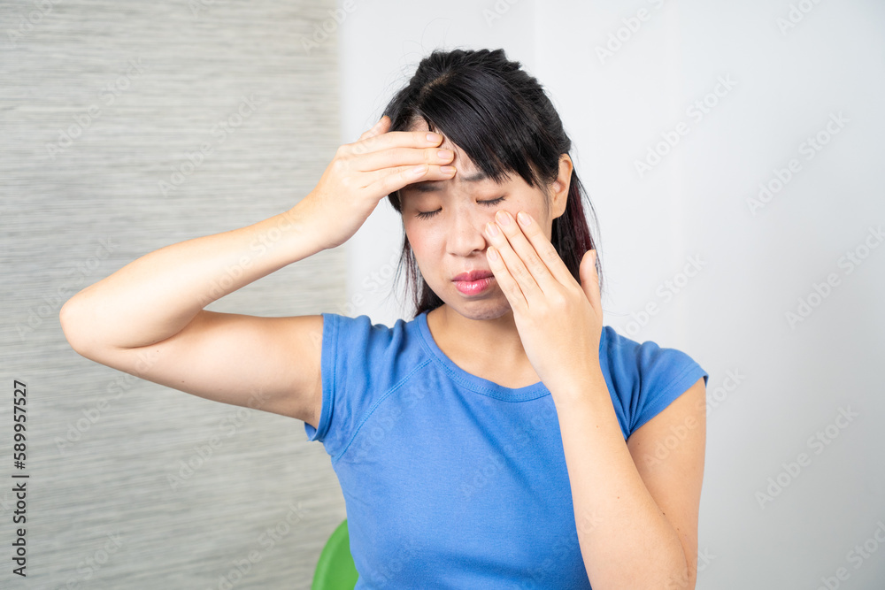 Asian woman having sinusitis. Medicine Asian woman having sinusitis. Medicine