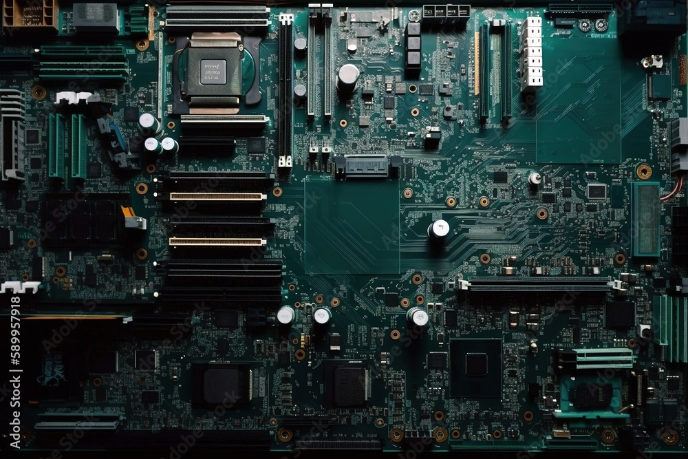 Top view of computer board from mother board in the inside. Textured background. Generative AI Top view of computer board from mother board in the inside. Textured background. Generative AI