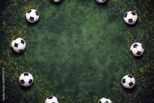 Soccer concept banner with green grass and soccer balls as frame. Generative AI © Pajaros Volando