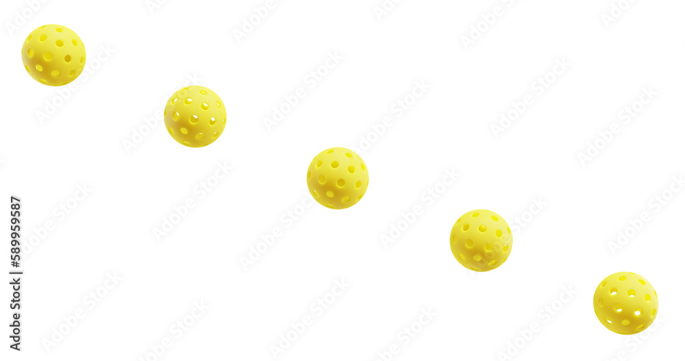 Pickleball yellow sports balls in a row on an isolated background. 3D rendering