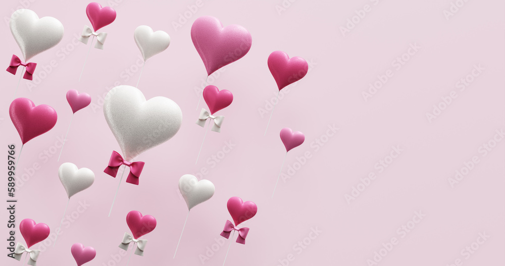 Mother's day celebration, valentine's wedding birthday. Banner with flying hearts. 3D rendering