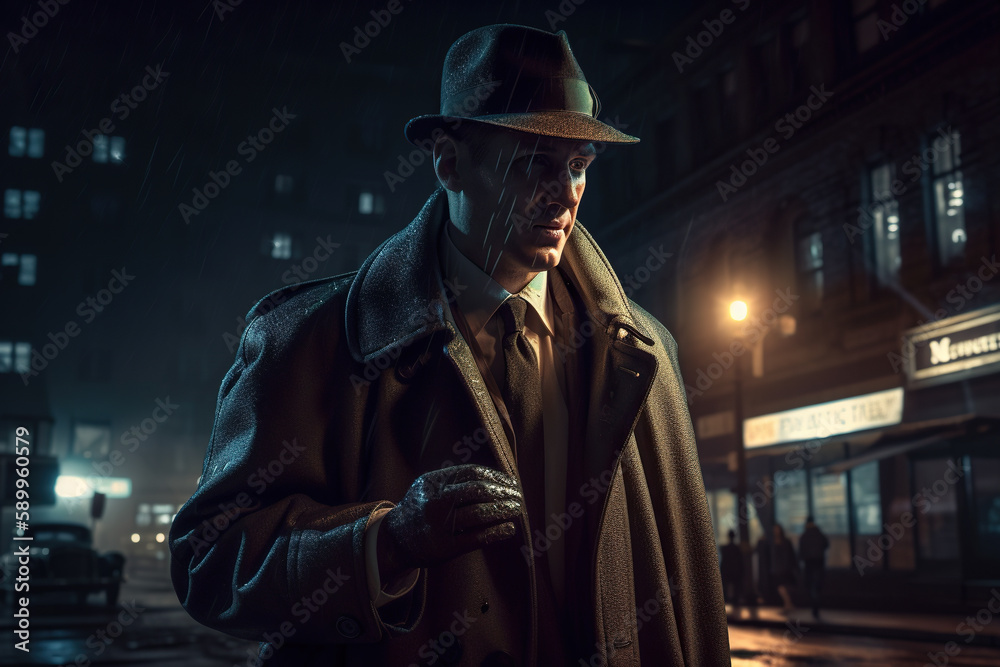 Portrait of a man in a hat and coat in the city at night, Detective concept, Generative AI