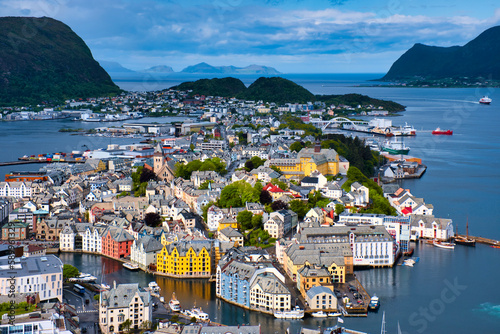 View of colorful Art Nouveau architecture in the port of the city of Alesund from the mountain Aksla, Norway photo