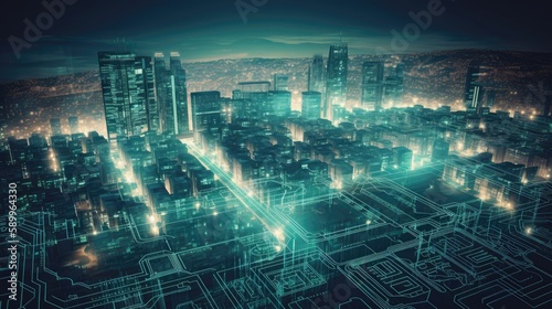 Smart city on circuit board background. Generative AI
