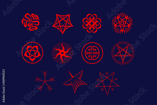 Set of vector magic emblems, pentagrams, pentacles and witchcraft patterns.