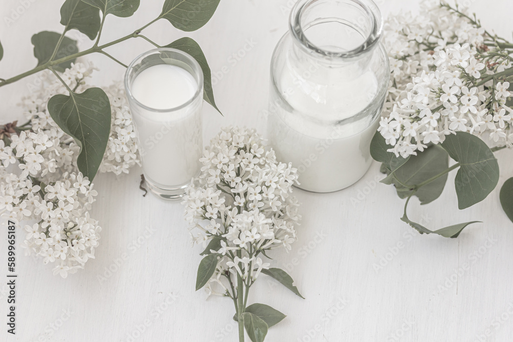 Milk and white lilac on a white background. Top view. Still life white lilac and a milk jug, a bottle of milk, a glass of milk. Concept of purity, freshness, naturalness. Milk and white lilac on a white background. Top view. Still life white lilac and a milk jug, a bottle of milk, a glass of milk. Concept of purity, freshness, naturalness.