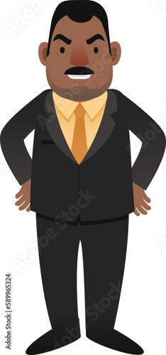 Black Brown Fat Business Man With Moustache Wearing Suit Akimbo Pose Standing Character Design