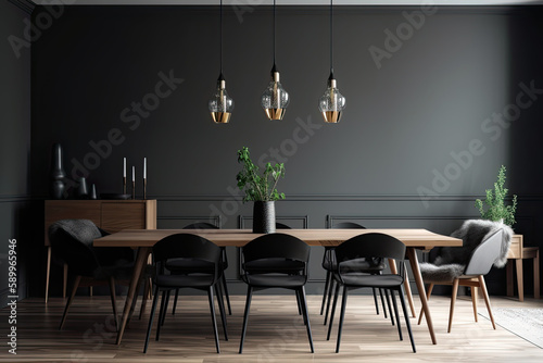 interior of a contemporary, dark dining room, mockup of a gray wall, generative AI