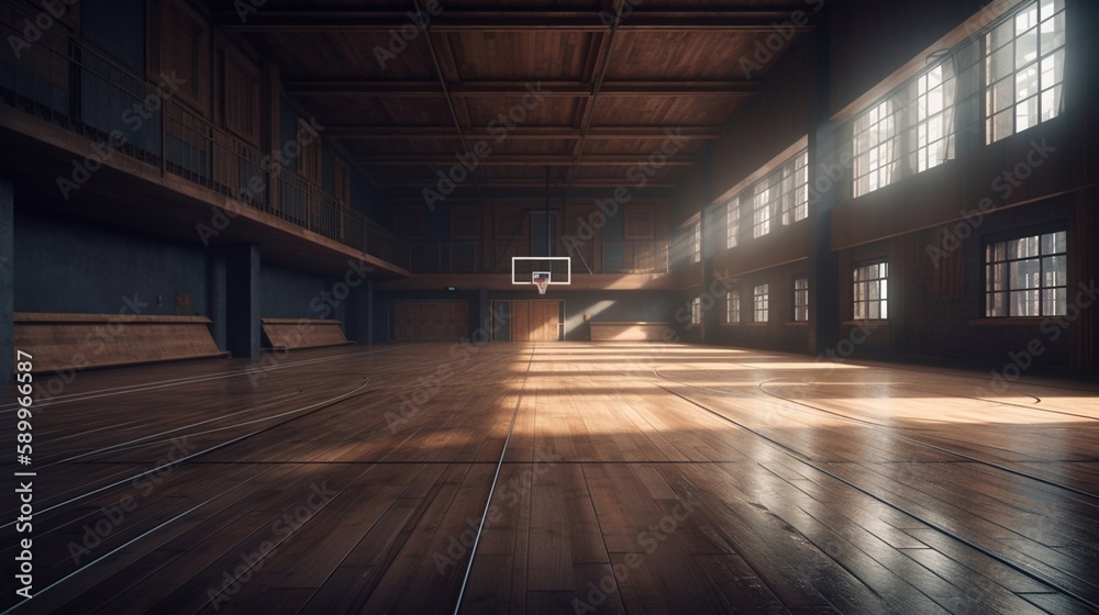 Basketball arena. Interior view of the wooden floor of the basketball court. Generative AI.