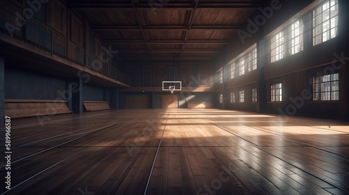 Basketball arena. Interior view of the wooden floor of the basketball court. Generative AI. © EUDPic