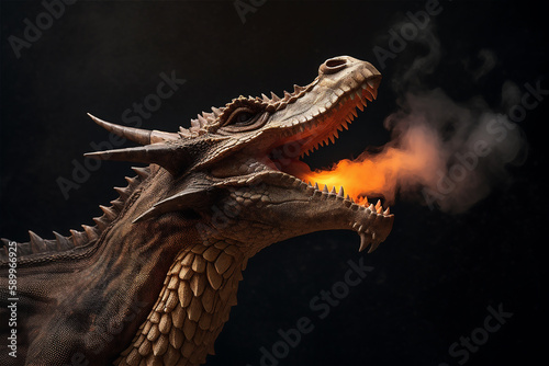 Fire breathes explode from a giant dragon. AI generated content © Elena