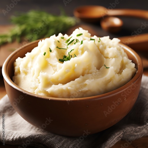 Vászonkép Bowl of mashed potatoes with chives