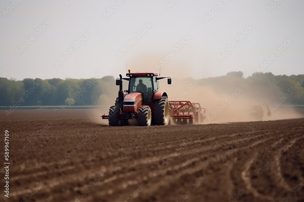 Fototapeta premium Farmer in tractor preparing farmland with seedbed for the next year. AI generated content
