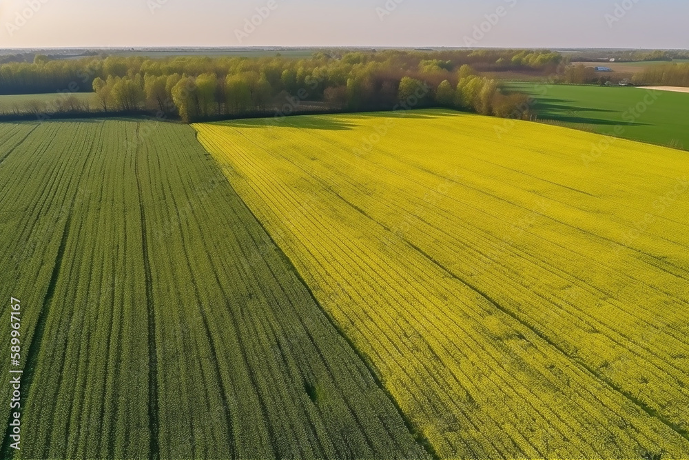 Fototapeta premium fields seen from above, view from drone. sunny weather in spring or summer day, high drone aerial view. AI generated content