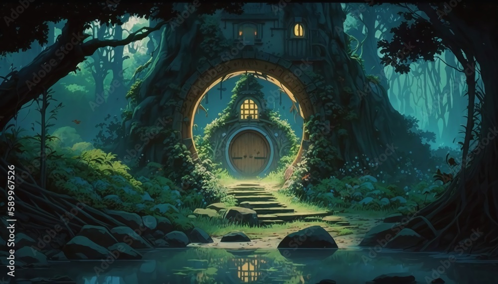 Obraz premium Animation illustration forest water and a portal door Studio G,Generative AI