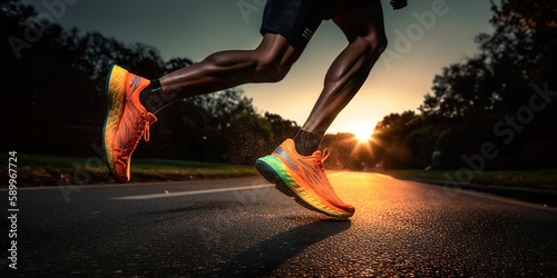 Runner make his way down a scenic path, shot of his legs, showcasing colorful sports running shoes - created with generative AI technology