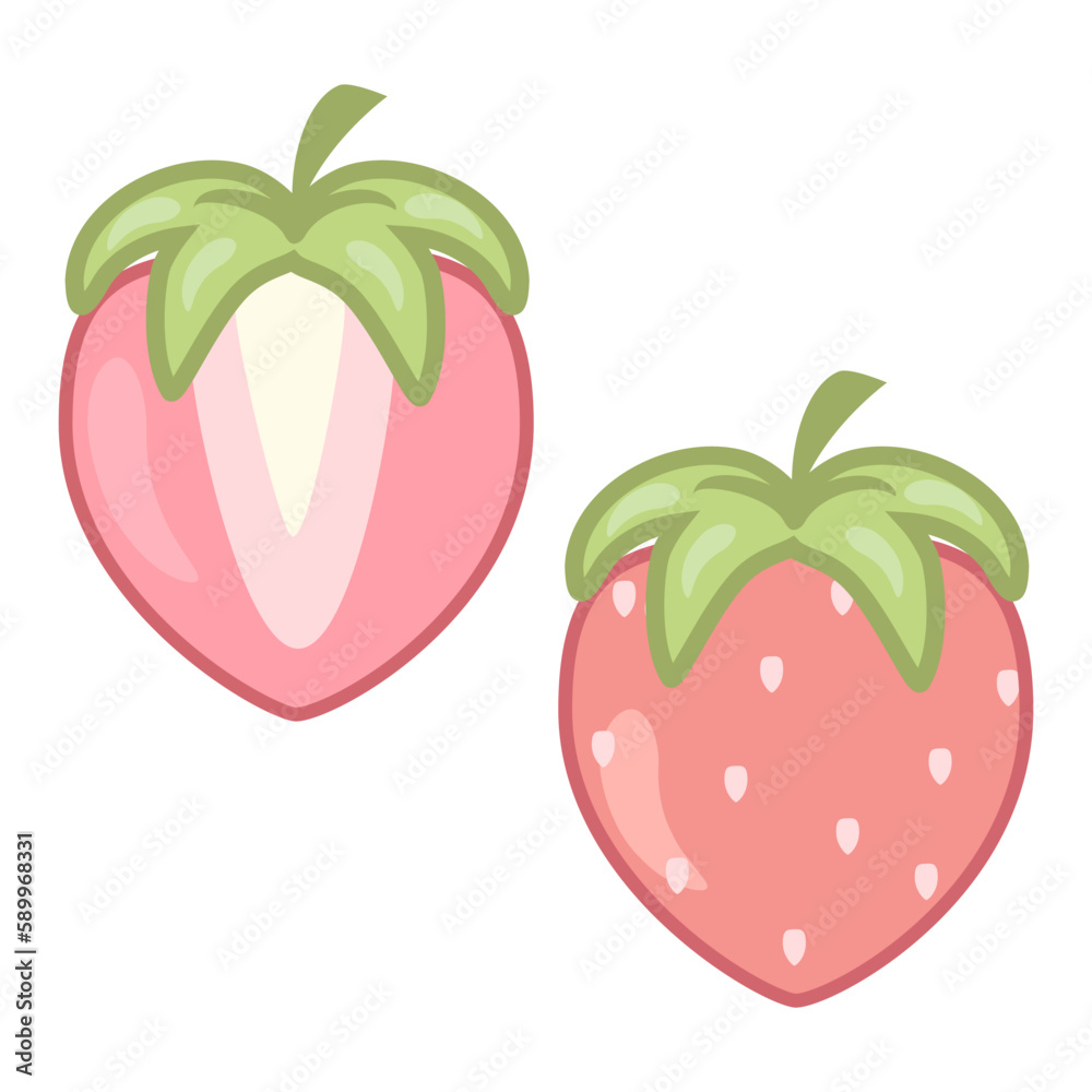 Set of whole and half strawberries, retro cartoon stylization, anime image, element for backgrounds, wallpapers, textiles, wrapping paper, greeting cards Set of whole and half strawberries, retro cartoon stylization, anime image, element for backgrounds, wallpapers, textiles, wrapping paper, greeting cards