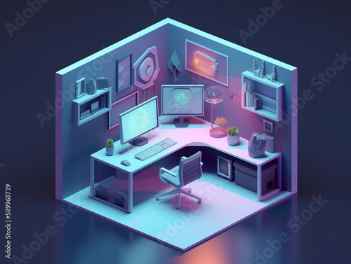 3D illustration of freelancer workstation in cartoon style. Work from home or home office. A desk to work with a computer on it. The walls are decorated with various types of decorations. 