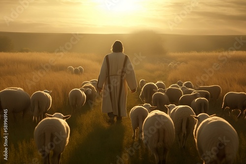 Canvas Print Shepherd Jesus Christ leading the sheep and praying to God and in the field brig