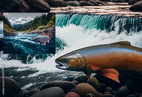 Brooks Falls in Katmai NP, AK attracts annual sockeye salmon run. Generative AI photo